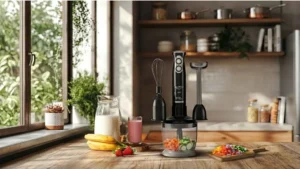 Mixer Britânia Turbo 500W com acabamento em inox posicionado em uma bancada de cozinha de madeira com frutas ao redor