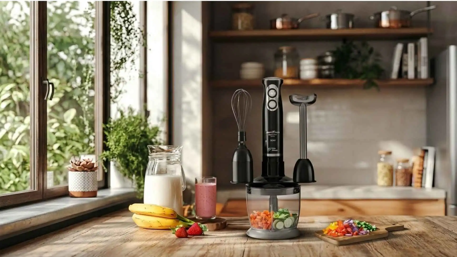 Mixer Britânia Turbo 500W com acabamento em inox posicionado em uma bancada de cozinha de madeira com frutas ao redor