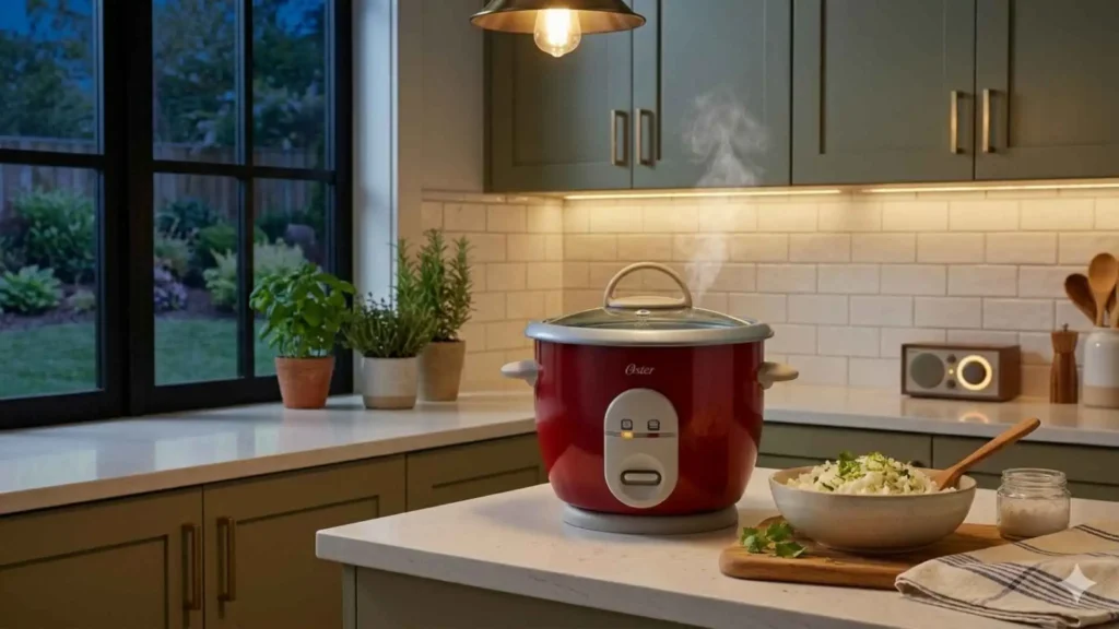 Painel de controle da Panela Elétrica de Arroz Oster Facile com luz de funcionamento acesa em ambiente noturno