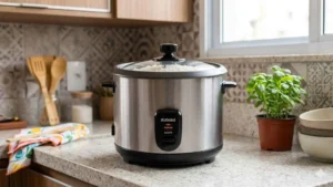 Panela de Arroz Elétrica Midi Itatiaia 8 Xícaras em acabamento Inox posicionada em uma bancada de cozinha moderna com utensílios ao fundo