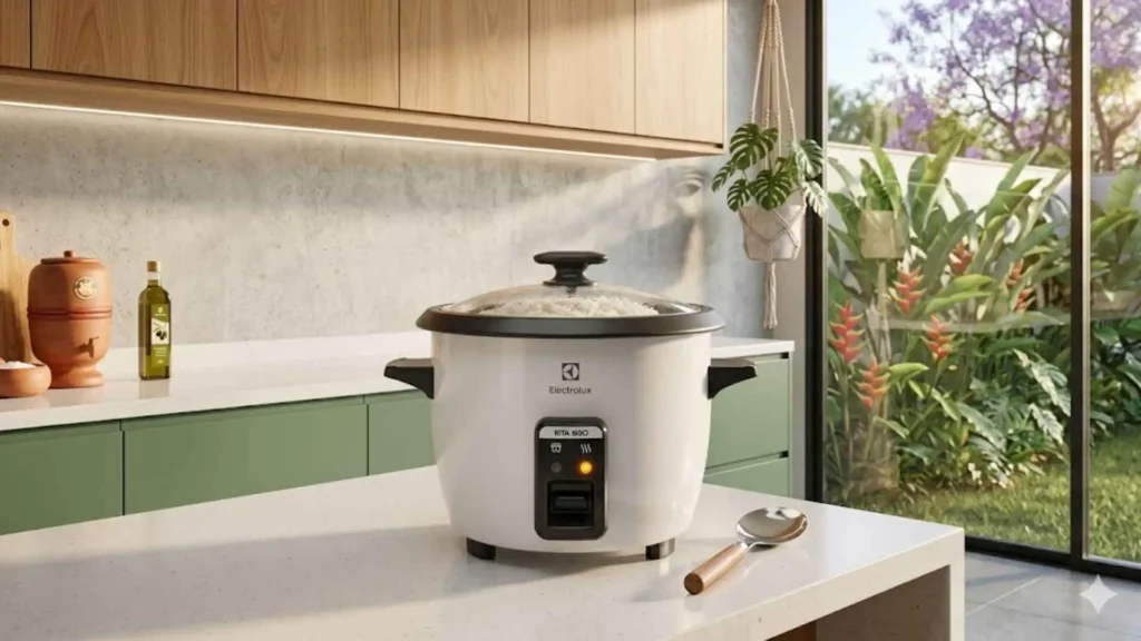 Panela de Arroz Elétrica Electrolux por Rita Lobo RCB50 branca posicionada em uma bancada de cozinha moderna com vista para jardim