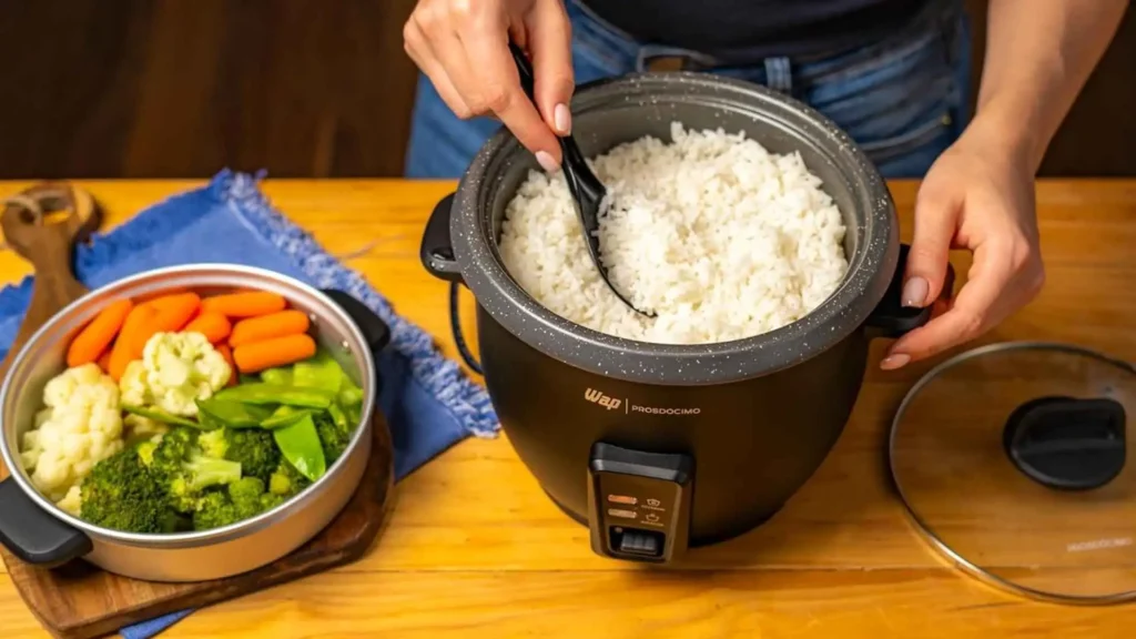 Close do interior da panela elétrica WAP WRC1000 mostrando arroz branco soltinho sendo servido com uma espátula preta