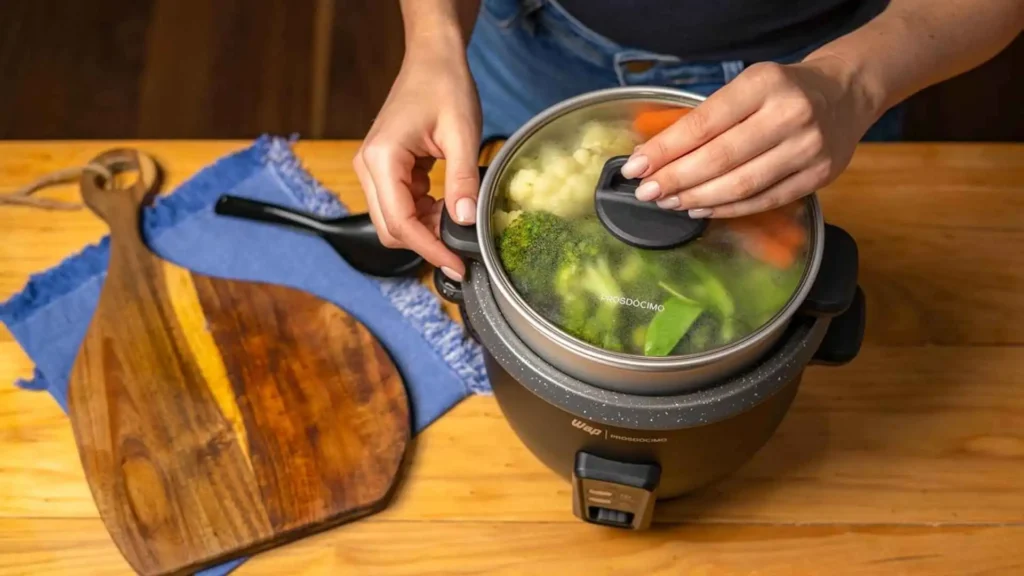 Pessoa utilizando o cesto de vapor da panela WAP WRC1000 para cozinhar legumes frescos enquanto o arroz prepara embaixo