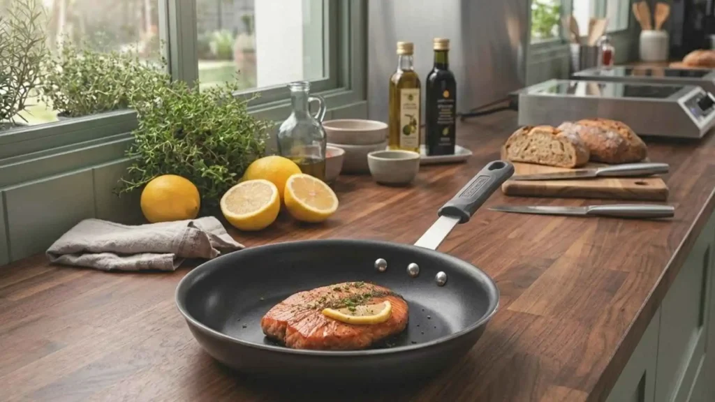 Carne sendo selada na Frigideira Tramontina Profissional destacando o revestimento antiaderente Starflon Premium