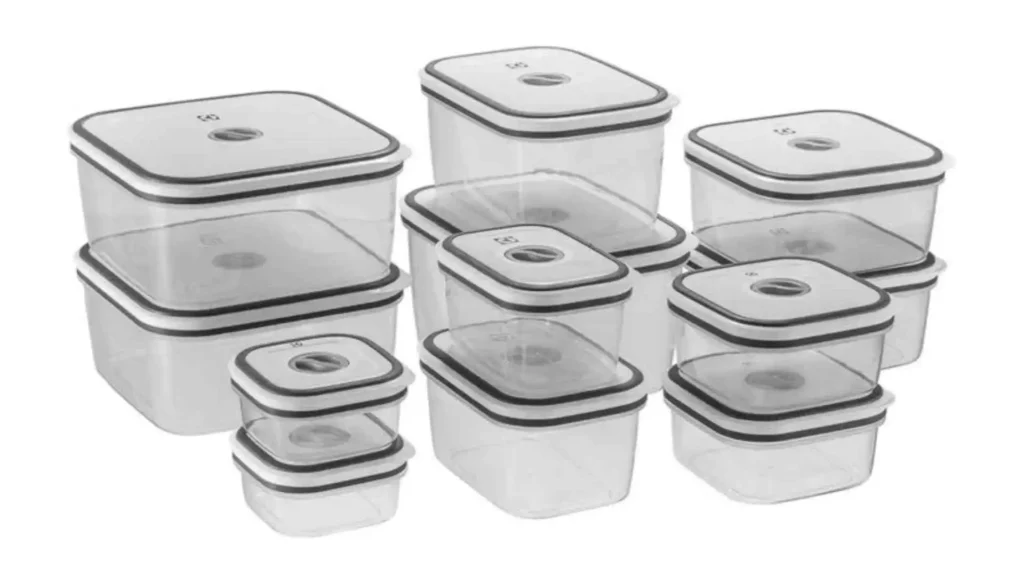 Vista detalhada de vários tamanhos do Conjunto de Potes Herméticos Electrolux de plástico transparente livre de BPA