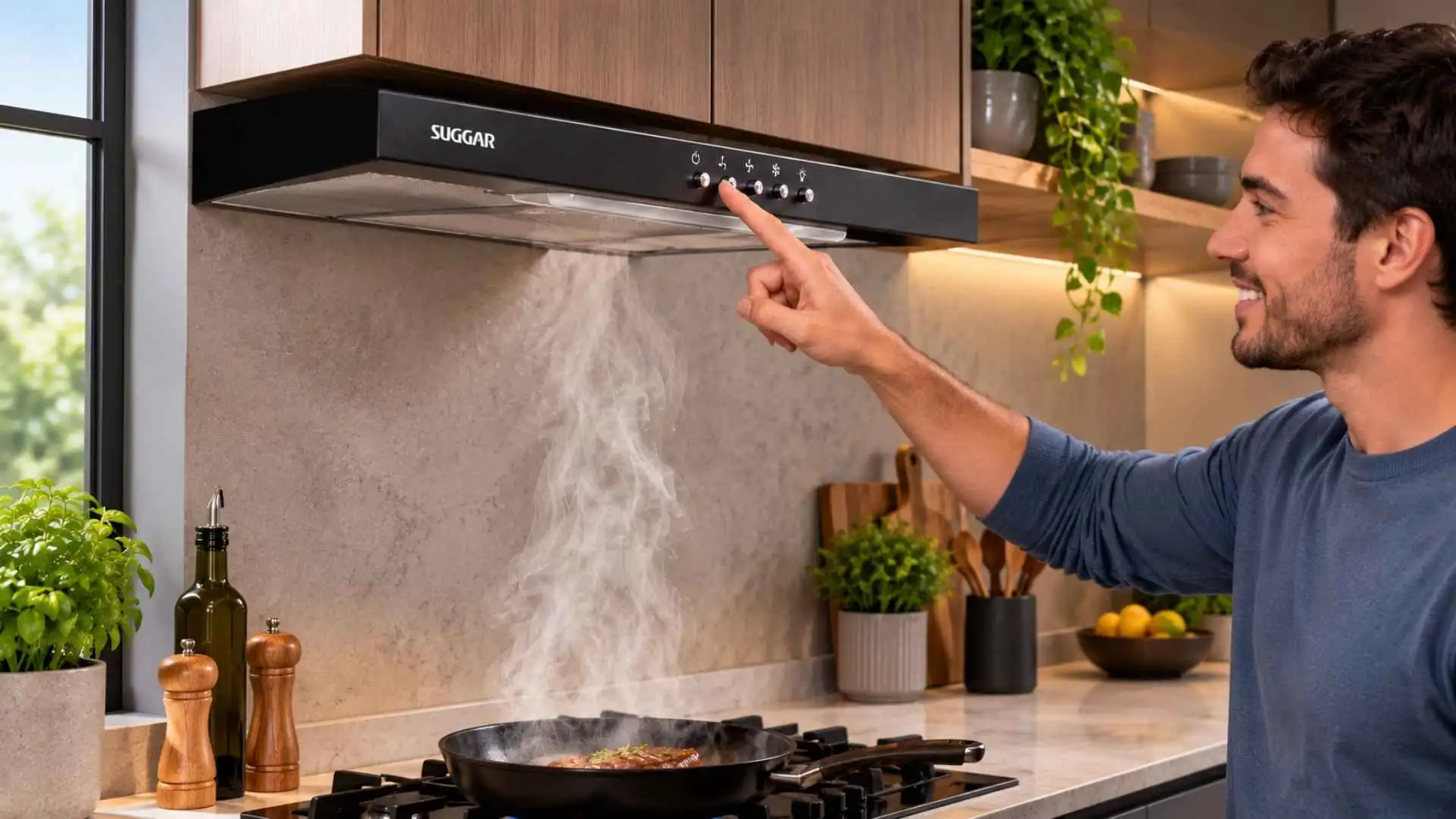 Homem acionando o Suggar Depurador de Ar Slim 60 cm preto enquanto o aparelho suga a fumaça do fogão na cozinha