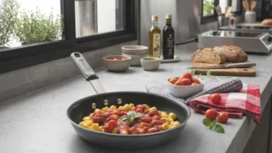 Frigideira Tramontina Profissional 25cm com macarrão ao molho vermelho em uma cozinha moderna