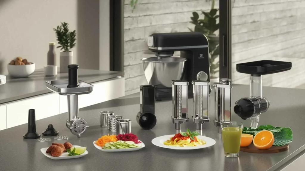 Visão geral dos acessórios inclusos e opcionais da Batedeira Planetária Electrolux KMP70 Expert