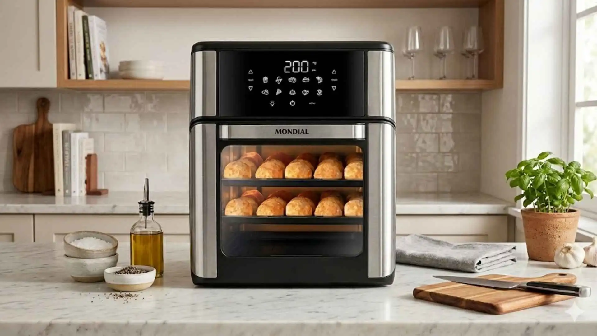 Fritadeira Air Fryer Forno Mondial 12L AFON-12L-BI preta e inox ligada em uma bancada de cozinha moderna