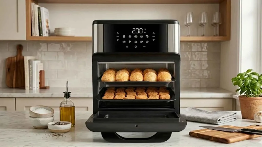 Interior iluminado da Air Fryer Forno Mondial 12L AFON-12L-BI com pães de queijo sendo assados em duas assadeiras simultâneas