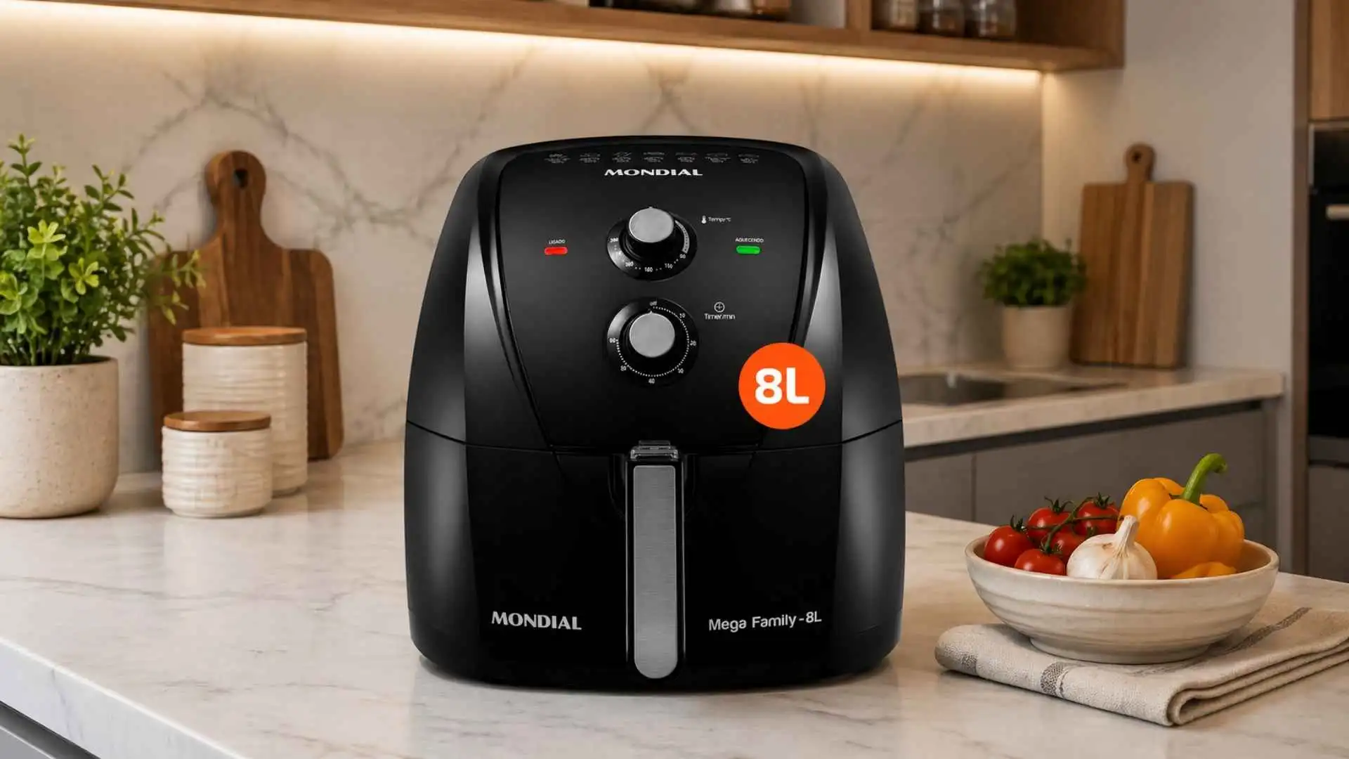 Fritadeira sem óleo Air Fryer Mondial AFN-80-FB de 8 litros preta sobre bancada de cozinha com alimentos ao lado