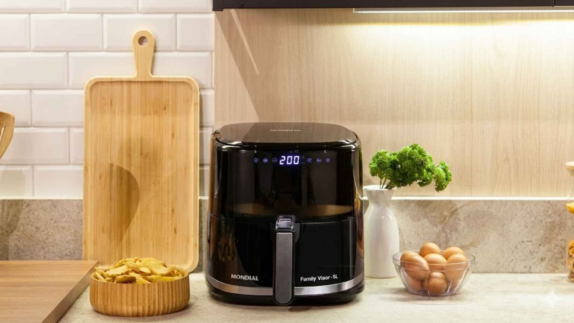 Air Fryer Mondial AF-50-DV Digital de 5 litros na cor preta posicionada em uma bancada de cozinha moderna
