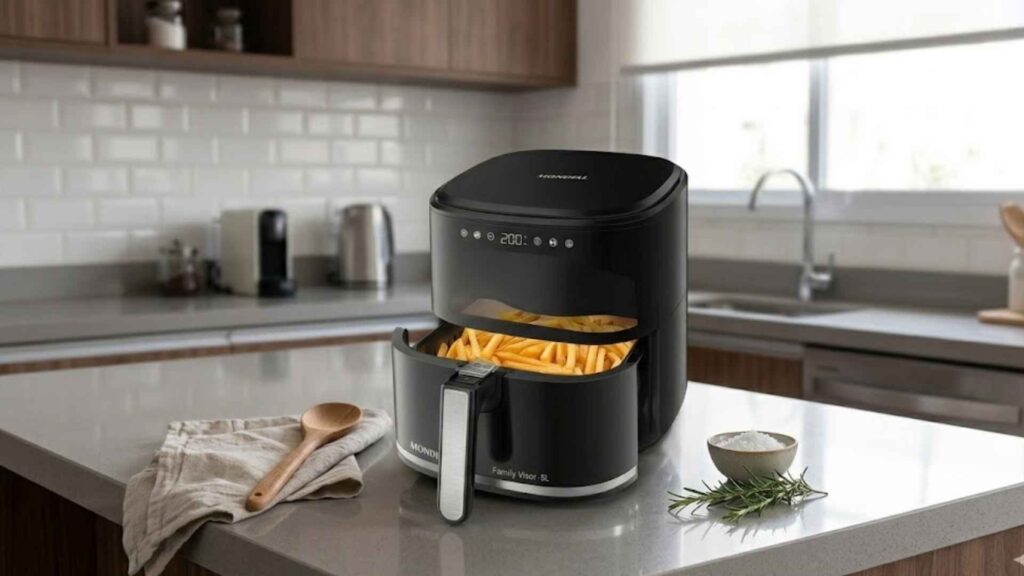 Visor frontal iluminado da Air Fryer Mondial AF-50-DV mostrando batatas fritas douradas sendo preparadas sem abrir o cesto