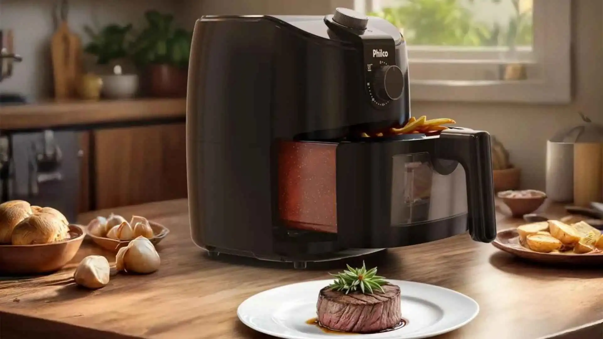 Air Fryer Philco 4L Redstone com visor frontal iluminado mostrando batatas fritas sendo preparadas no interior