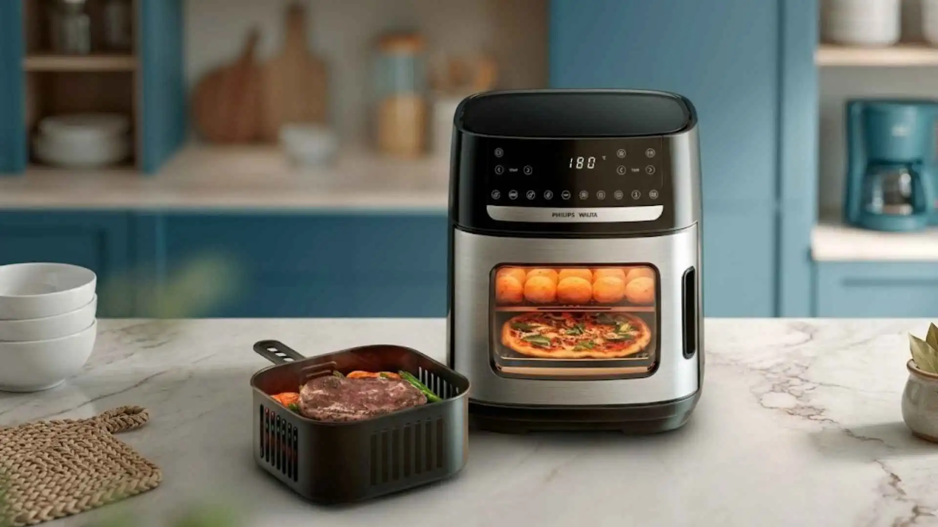 Airfryer Forno Philips Walita AI551/09 preta em funcionamento sobre bancada de cozinha planejada