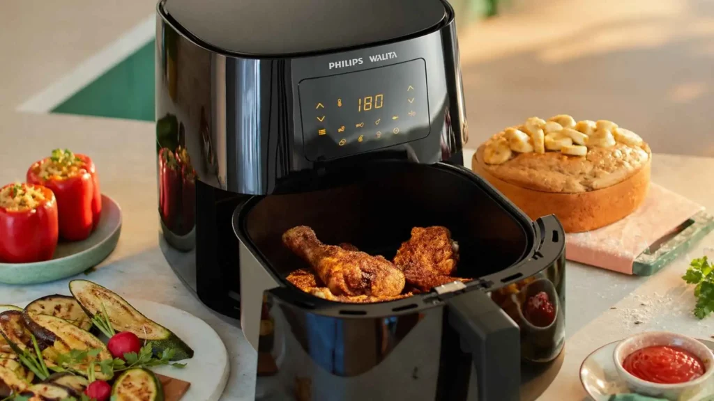 Airfryer Philips Walita Série 3000 preta aberta com coxas de frango assadas e um bolo ao fundo