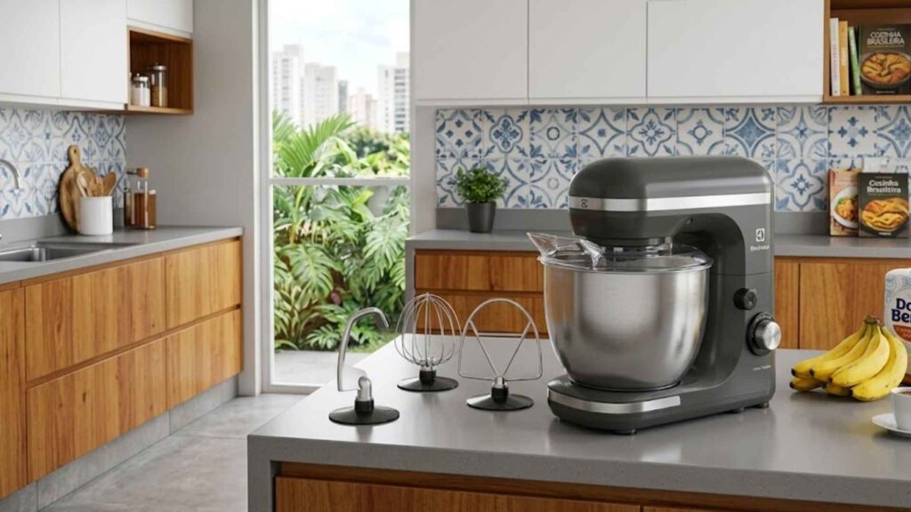 Batedeira Electrolux Experience EKM40 posicionada sobre ilha de cozinha com cooktop ao fundo