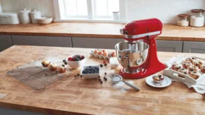 Batedeira KitchenAid Artisan vermelha sobre bancada de madeira na cozinha