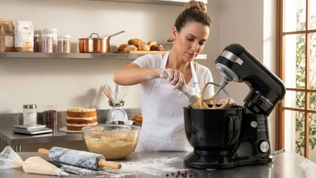 Mulher utilizando a Batedeira Planetária Britânia BBP760 de 700W para preparar massa de pão