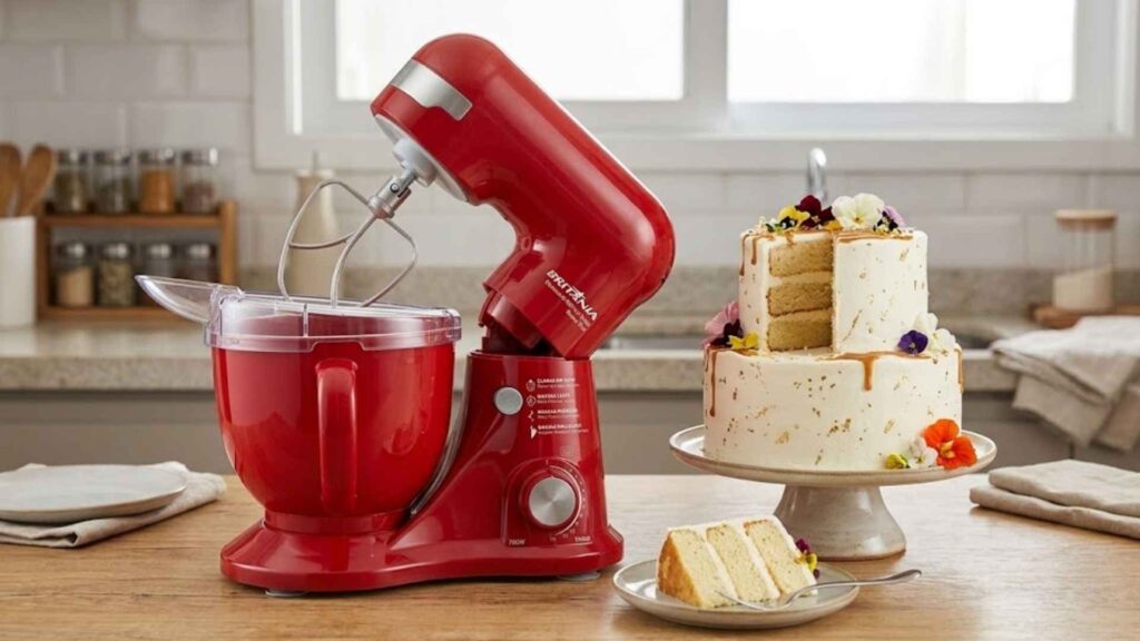 Batedeira Planetária Britânia BBP760 vermelha ao lado de um bolo confeitado de dois andares