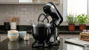Batedeira Planetária Britânia BBP760 preta sobre bancada de granito em cozinha moderna