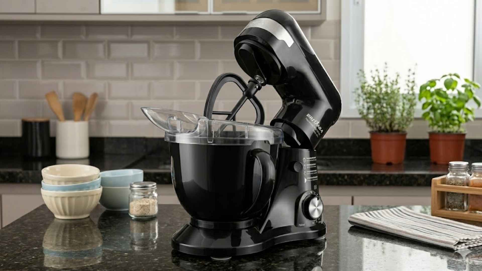 Batedeira Planetária Britânia BBP760 preta sobre bancada de granito em cozinha moderna