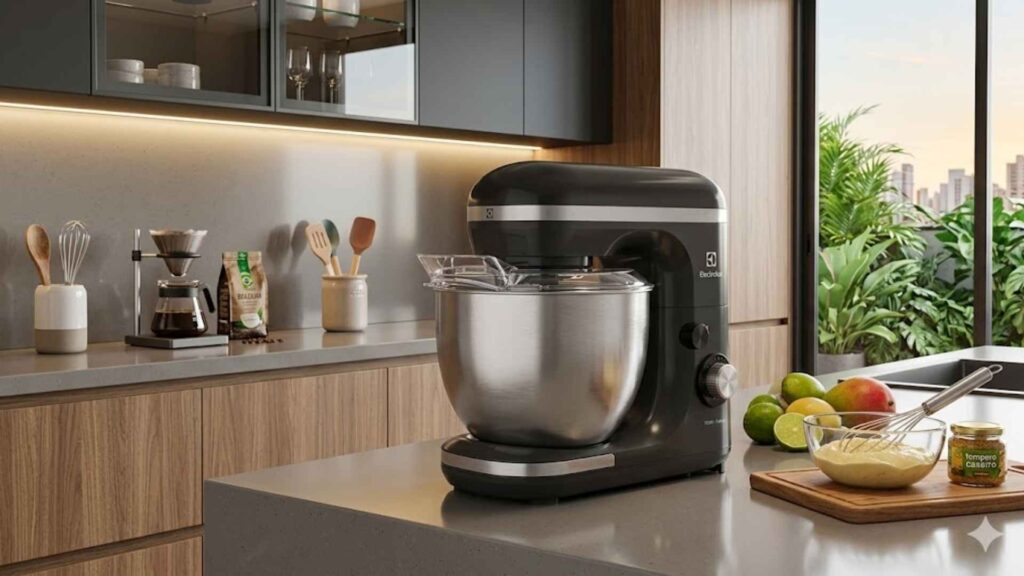 Batedeira Planetária Electrolux EKM40 com tigela de inox de 5 litros em uma cozinha planejada moderna