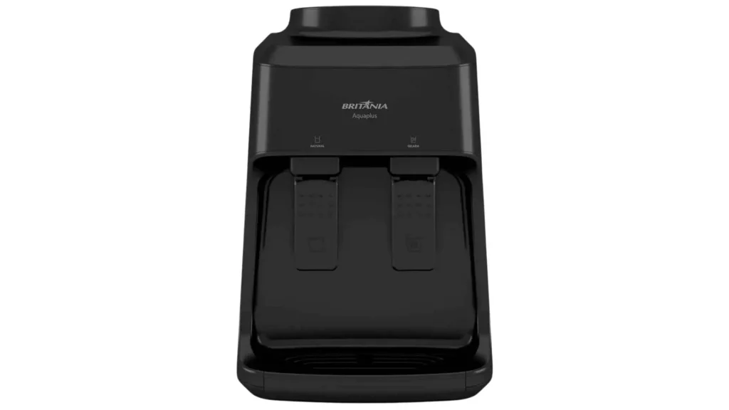 Vista frontal do Bebedouro Britânia AquaPlus BBE12P bivolt com duas torneiras de acionamento por pressão