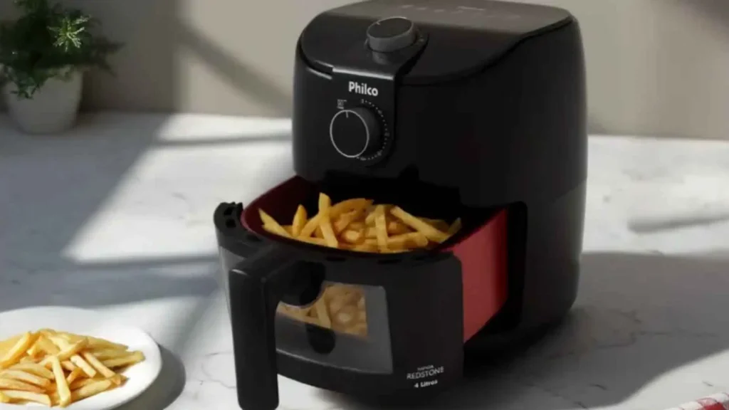 Cesto aberto da Air Fryer Philco 4L Redstone revelando batatas fritas douradas sobre o revestimento cerâmico antiaderente