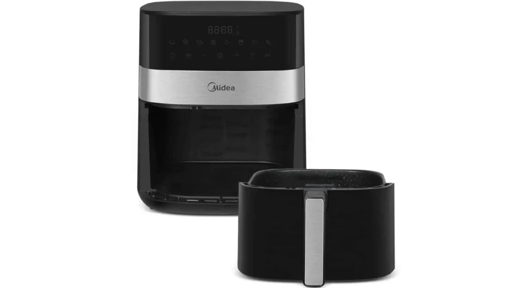 Air Fryer Midea Smart Chef Plus 6L preta com cesto removível e revestimento antiaderente BlackStone