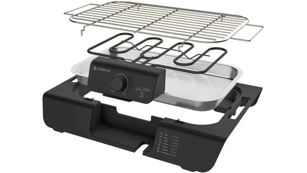 Peças desmontadas da churrasqueira elétrica Cadence Grill Menu incluindo grelha, resistência e bandeja de água