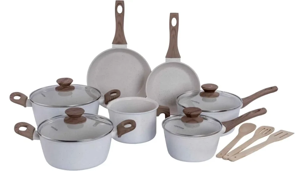 Jogo de panelas Mimo Style Marmol Vanila de 10 peças com revestimento Cerami-Flon e cabos Soft-Touch