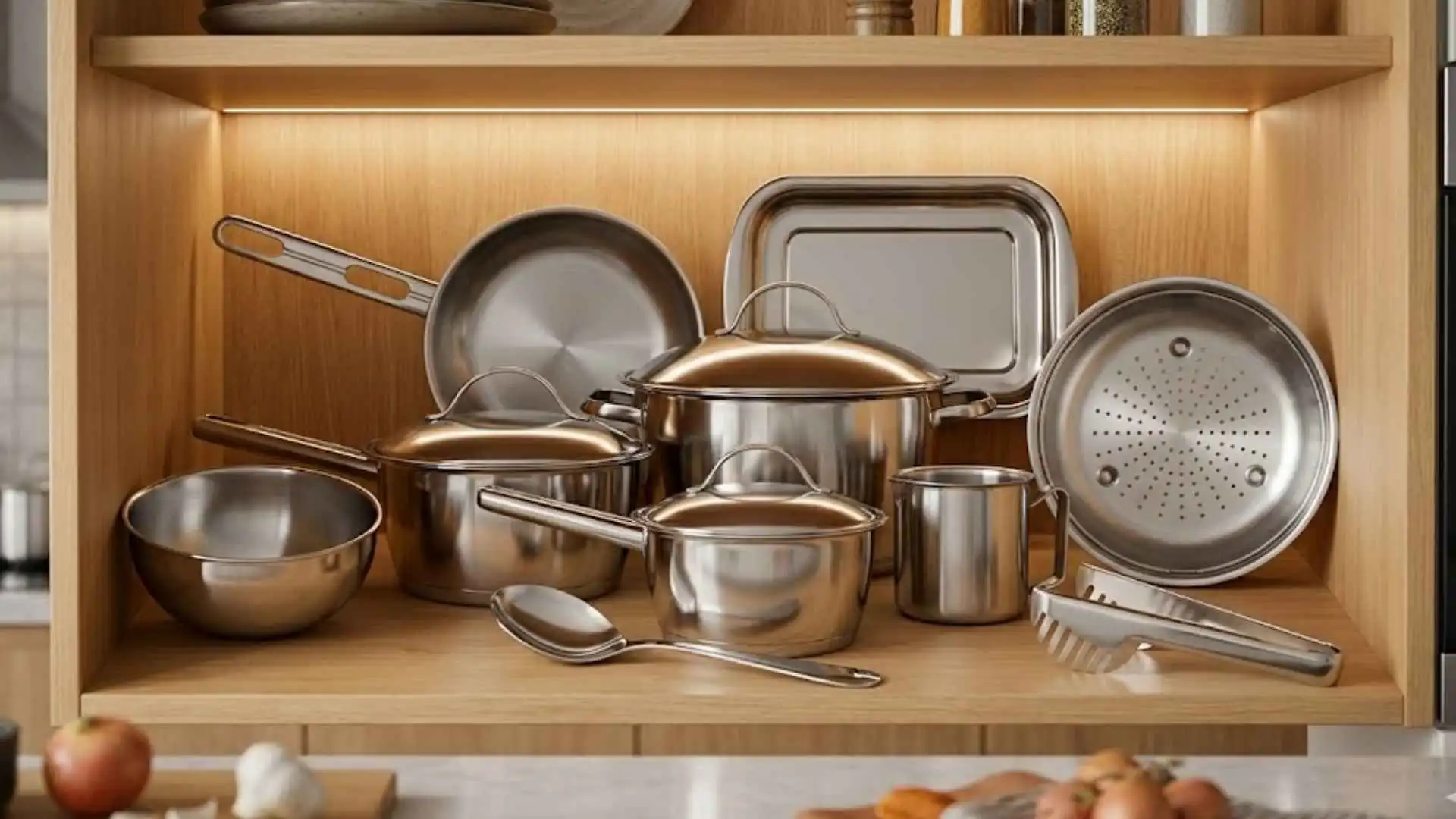 Conjunto Tramontina Allegra 10 peças organizado dentro de um armário de madeira iluminado