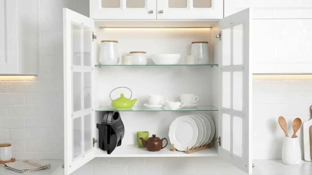 Crepeira Britânia Six guardada na posição vertical dentro de um armário de cozinha branco com prateleiras organizadas