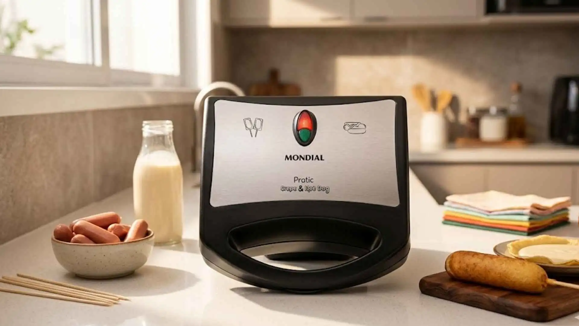 Visão frontal da Crepeira Mondial CP-01 fechada com acabamento em aço inox e lâmpadas piloto acesas