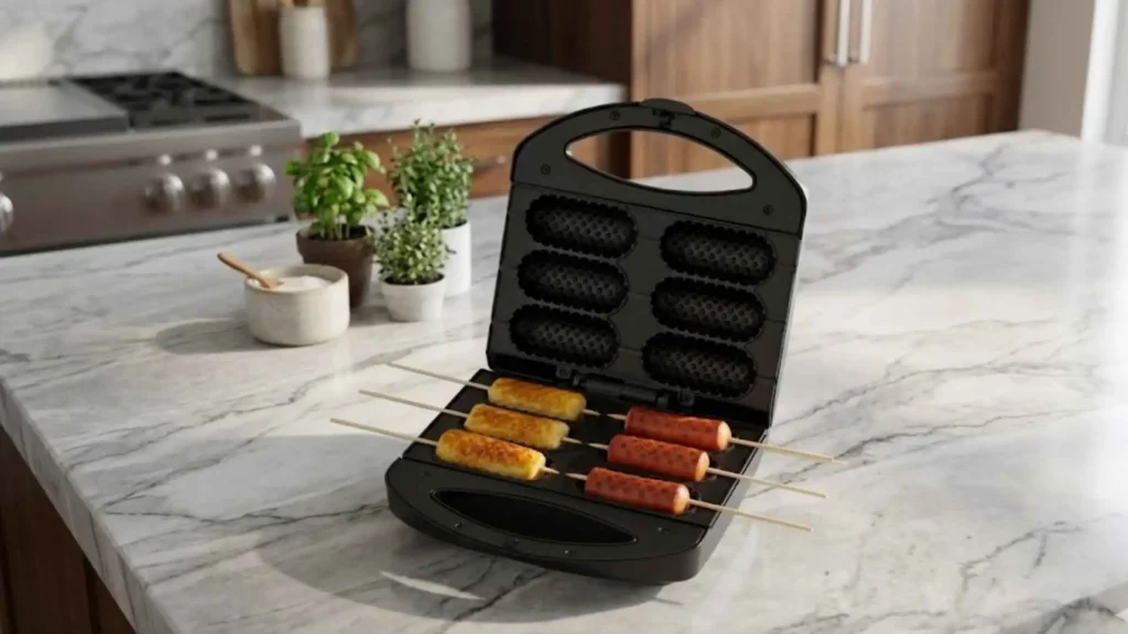 Crepeira Mondial CP-01 aberta preparando seis crepes suíços dourados no palito em uma bancada de cozinha