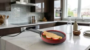 Crepioca Britânia 3 em 1 vermelha sobre bancada de cozinha preparando um omelete dourado