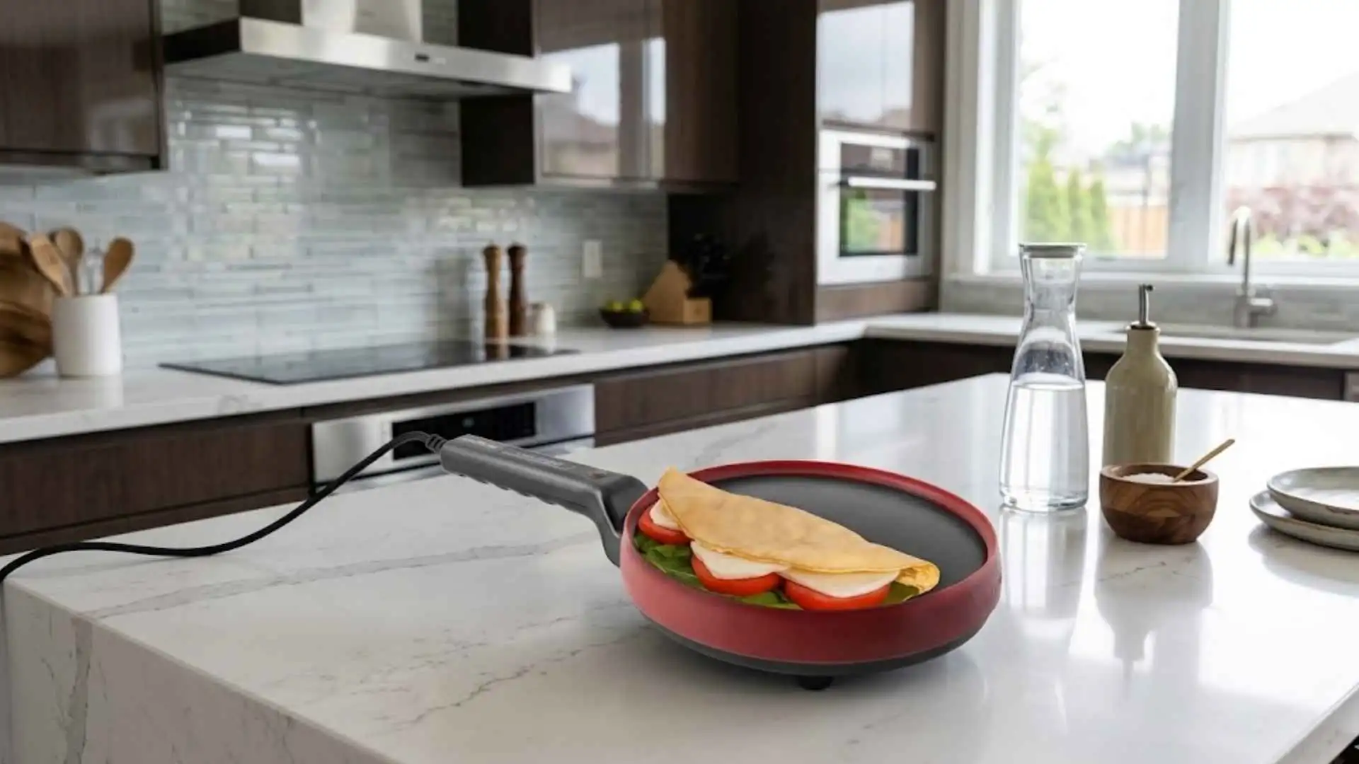 Crepioca Britânia 3 em 1 vermelha sobre bancada de cozinha preparando um omelete dourado