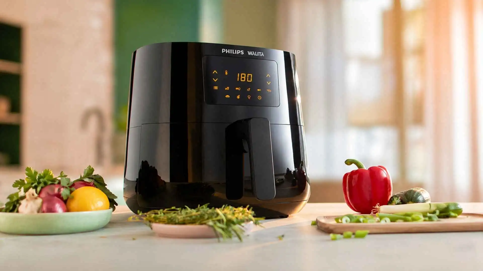 Airfryer Philips Walita Série 3000 fechada sobre uma bancada de cozinha moderna com vegetais ao lado