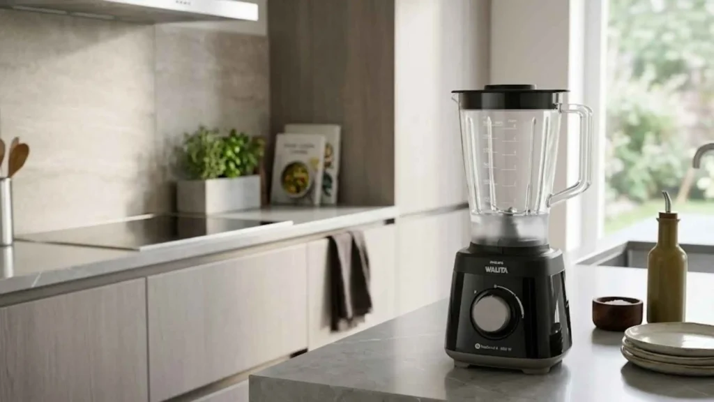 Visão em ângulo do Liquidificador Daily Jarra SAN Philips Walita preto no contexto de uma cozinha limpa, mostrando a transparência da jarra SAN e o cabo de alimentação de 110V ou 220V.