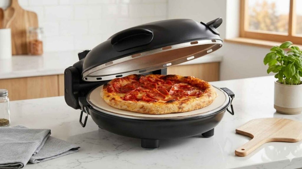 Forno de Pizza Elétrico Hamilton Beach fechado posicionado sobre uma bancada de granito, com ingredientes de pizza ao redor