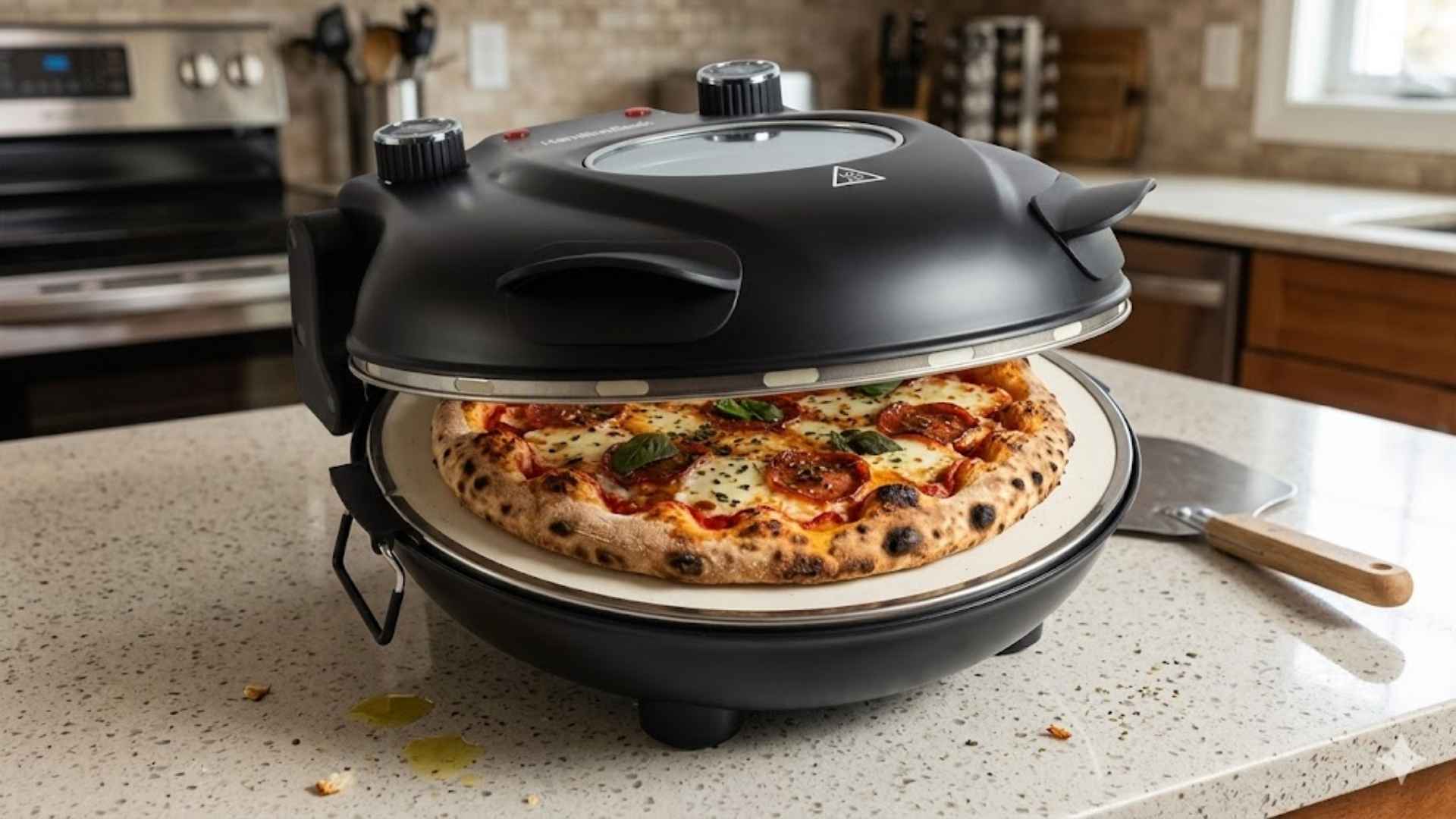 Vista lateral de um Forno de Pizza Elétrico Hamilton Beach aberto, revelando uma pizza de peperoni assando sobre a pedra refratária em uma cozinha iluminada