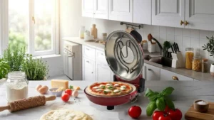 Forno de pizza Labravia aberto em uma bancada de cozinha moderna com uma pizza artesanal pronta