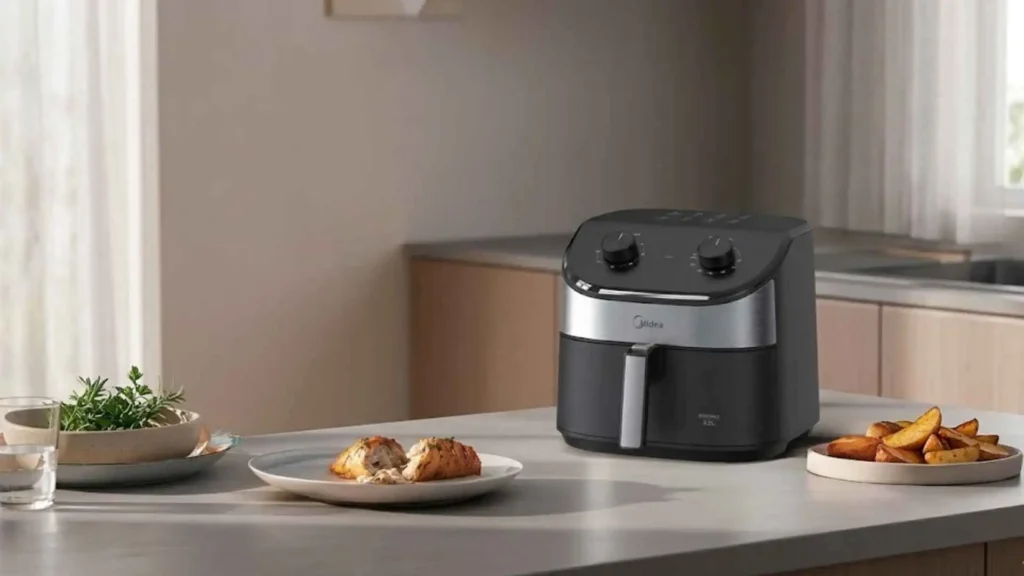 Fritadeira Air Fryer Midea Widemax preta e inox sobre a bancada de uma cozinha moderna com pratos de comida ao lado