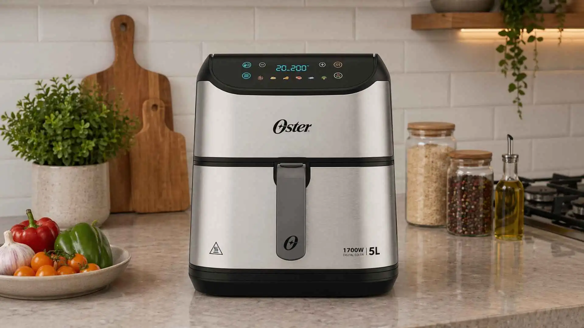 Fritadeira Digital Inox Oster 5L com acabamento em aço inoxidável em uma cozinha moderna