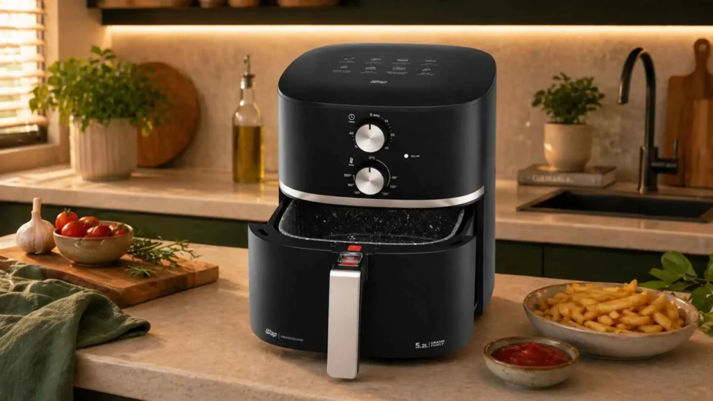 WAP Air Fryer Grand Family em ângulo na cozinha com diversos petiscos e guarnições ao redor