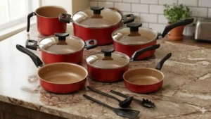 Visão geral do jogo de panelas 10 peças cereja Marpal com tampas de vidro e utensílios sobre bancada de mármore