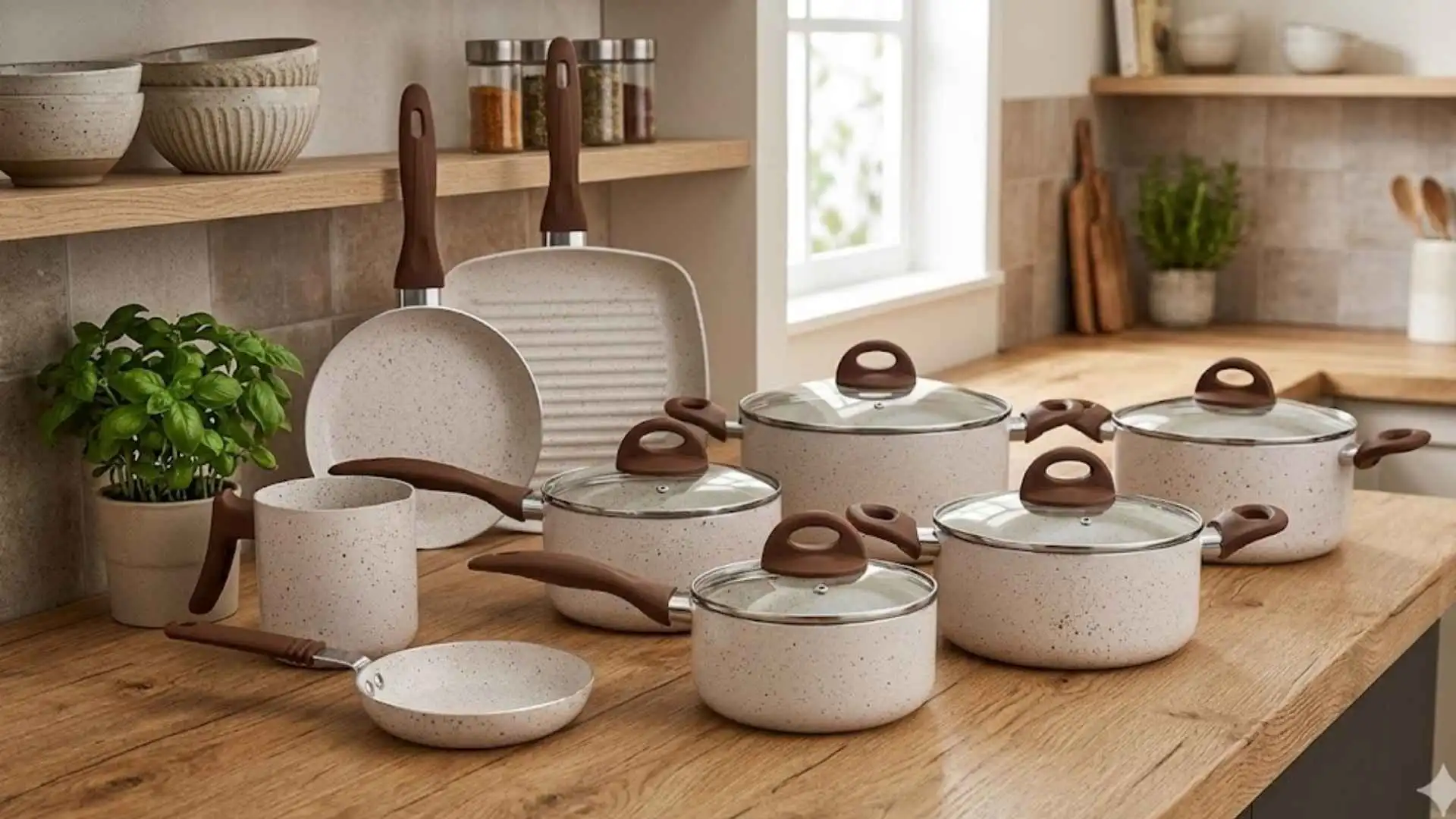 Jogo de panelas 8 peças Ceramic Life Smart Plus Brinox na cor Vanilla posicionado sobre bancada de madeira em cozinha decorada