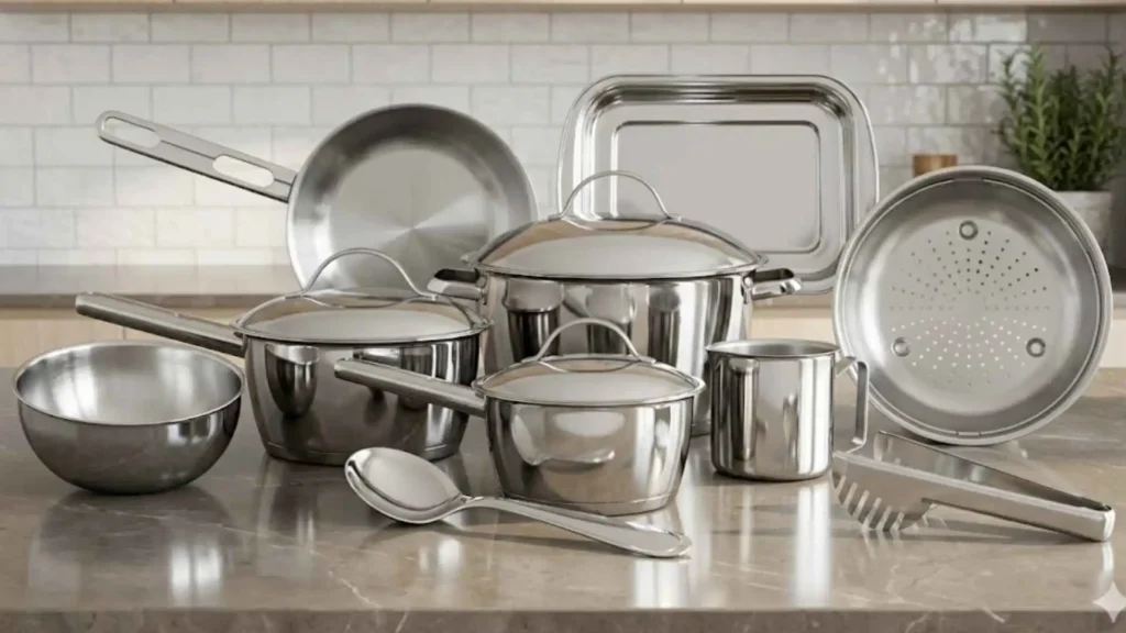 Jogo de Panelas Tramontina Allegra em aço inox com 10 peças dispostas sobre uma bancada de cozinha cinza