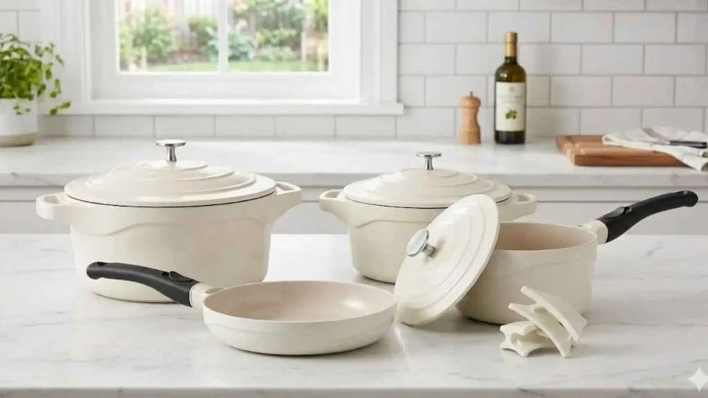 Jogo de panelas Le Cook Premier cor creme (off-white) com interior bege claro em ambiente iluminado